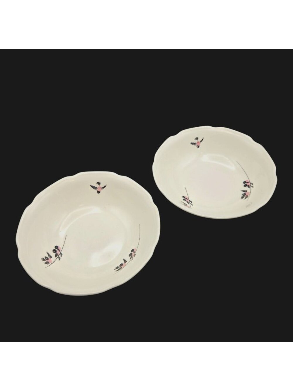 Vintage 1950s MCM Pink Black Birds on a Wire Ceramic Cereal Bowls Set of 2